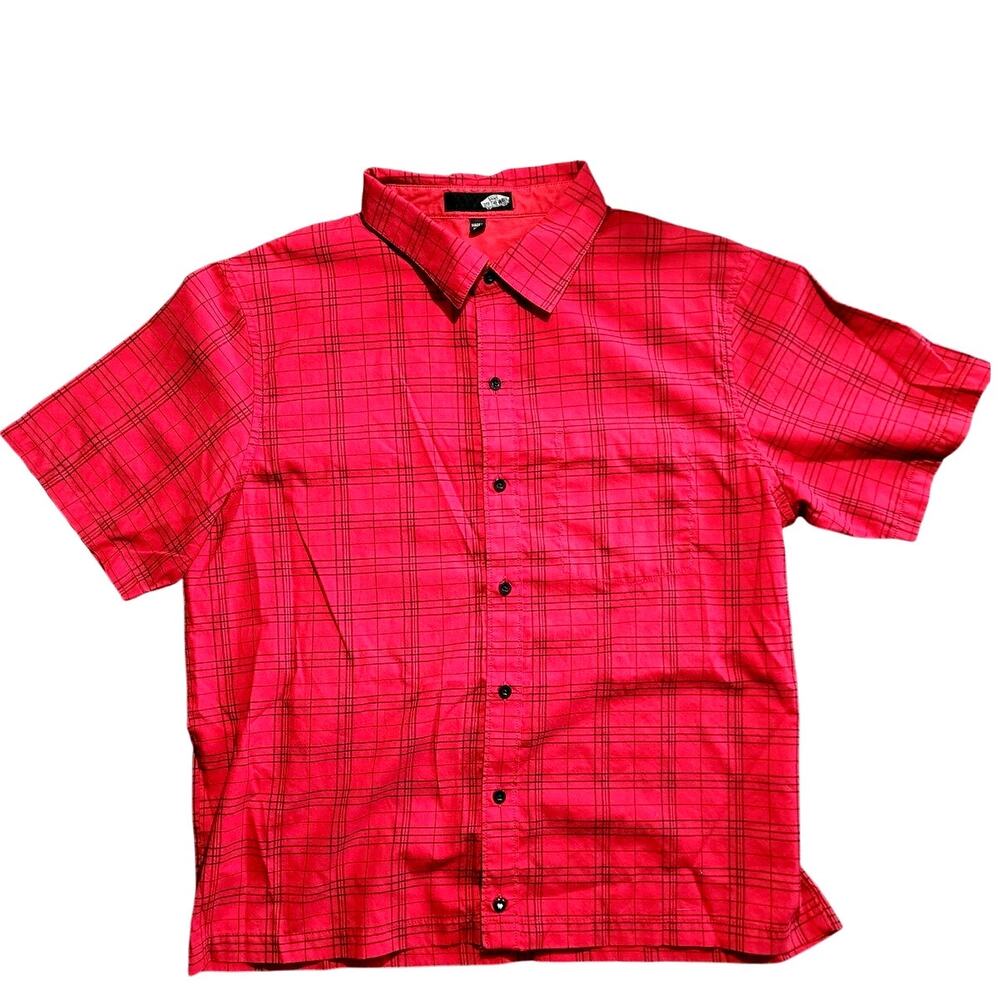 Vans Off the Wall Black Red Short Sleeve Button Down Plaid Shirt Size Large